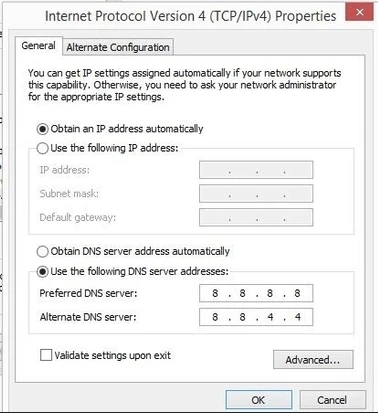 Windows Internet Protocol Version 4 TCP/IPv4 Properties with Google DNS servers 8.8.8.8 and 8.8.4.4 configured