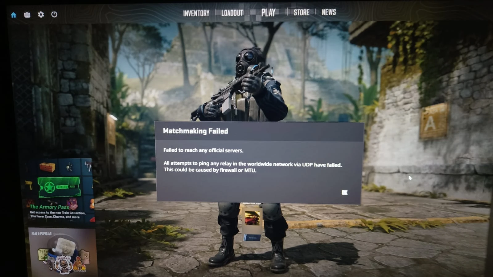 CS2 Matchmaking Failed error dialog in-game showing failed to reach any official servers with firewall and MTU warning