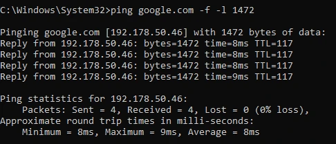 Windows Command Prompt running ping google.com -f -l 1472 to test MTU size showing successful replies