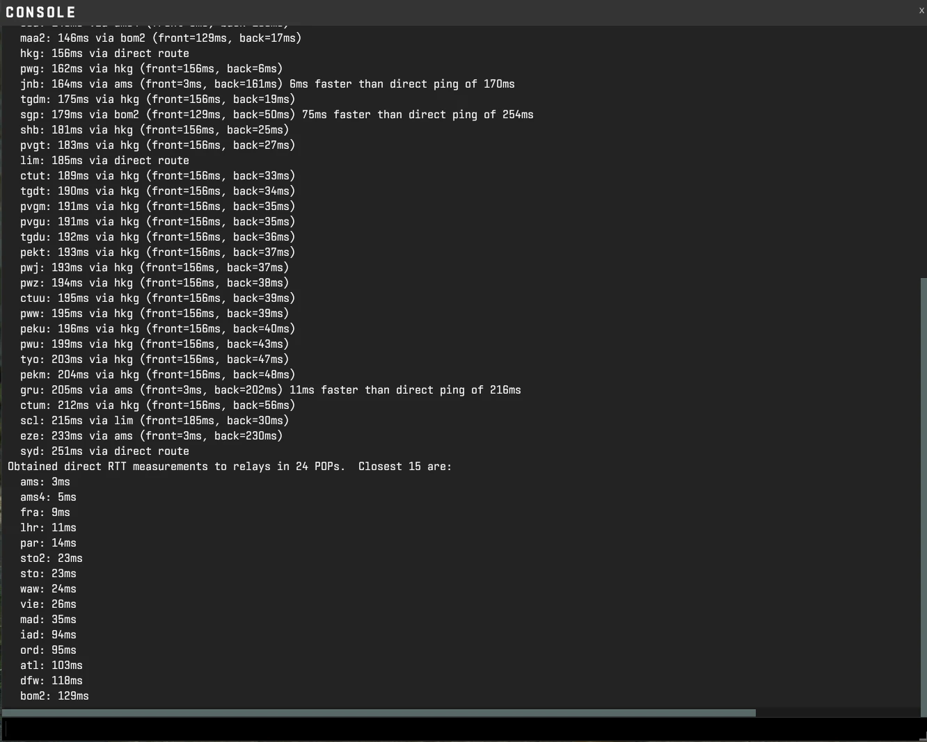 CS2 console output of net_print_sdr_ping_times showing SDR relay ping times to 49 points of presence worldwide