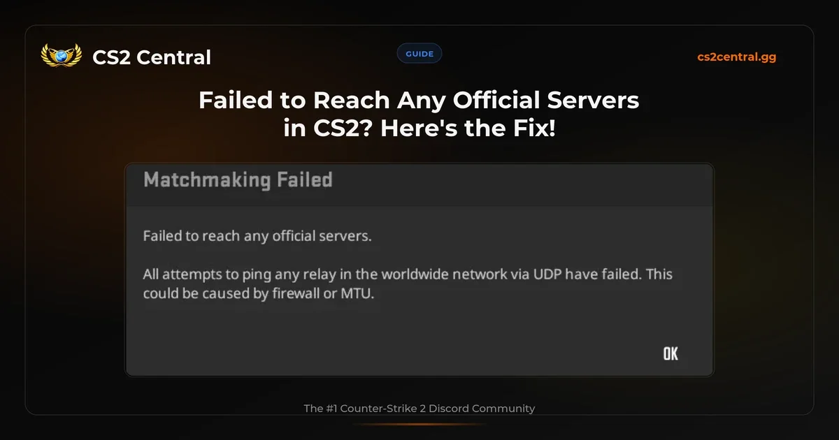 CS2 failed to reach any official servers error with network diagnostic flowchart showing hotspot test branching into network fixes and server status checks