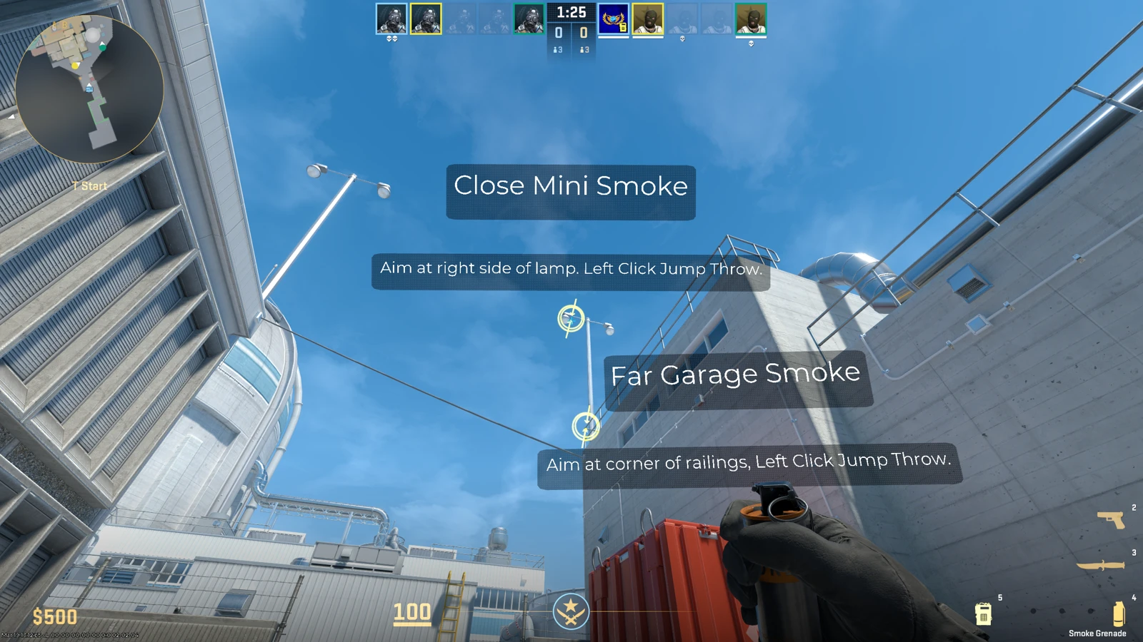 CS2 map guide aim instructions showing Close Mini Smoke and Far Garage Smoke lineups with aim points