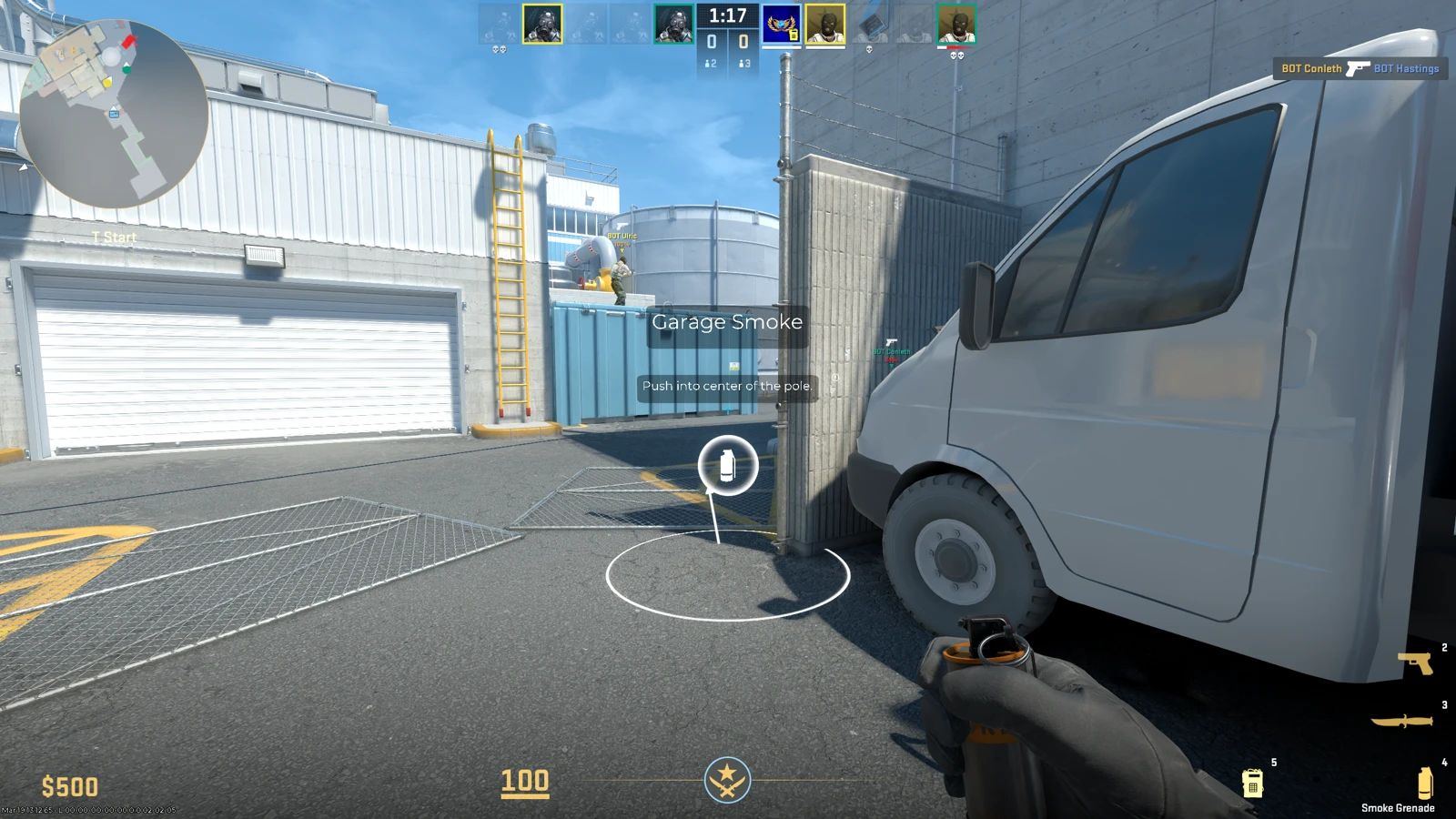 CS2 map guide showing Garage Smoke stand position on Nuke