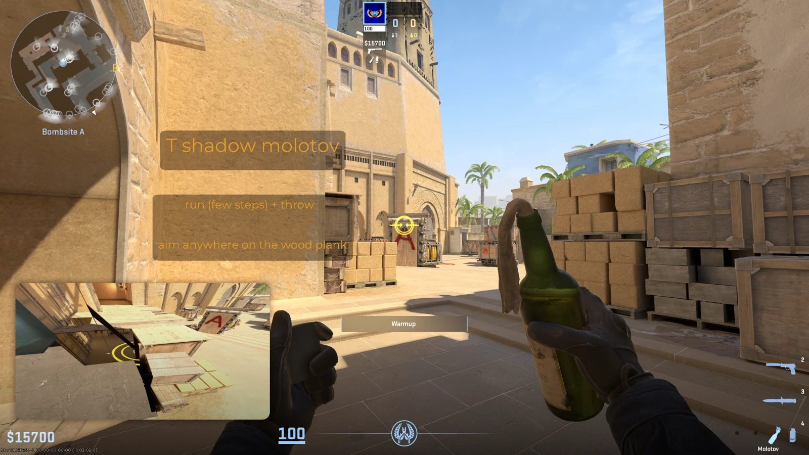 CS2 map guide showing T shadow molotov lineup on Mirage with aim instructions