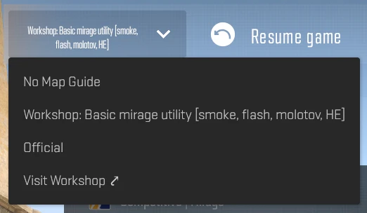 CS2 map guide selection menu showing Workshop guide, Official guide, and Visit Workshop options