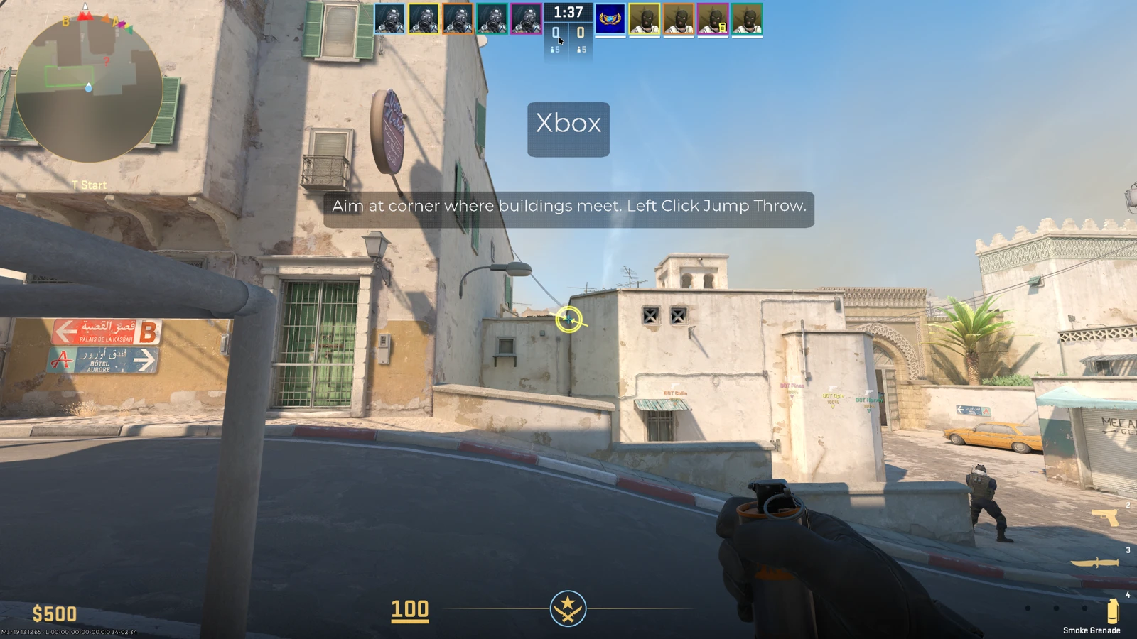 CS2 official map guide showing Xbox smoke aim point on Mirage with jump throw instruction