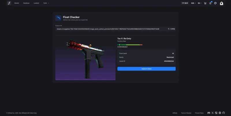 CSFloat Float Checker tool displaying Tec-9 Re-Entry skin details including exact float value and paint seed