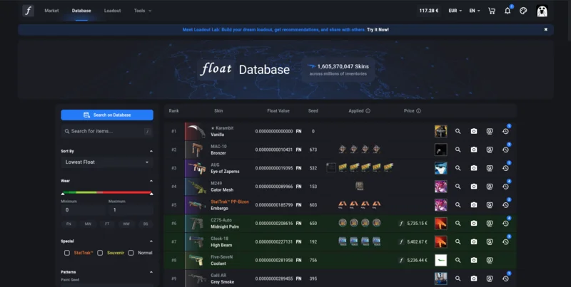 CSFloat FloatDB interface showing 1.6 billion indexed skins with float values, paint seeds, and search filters