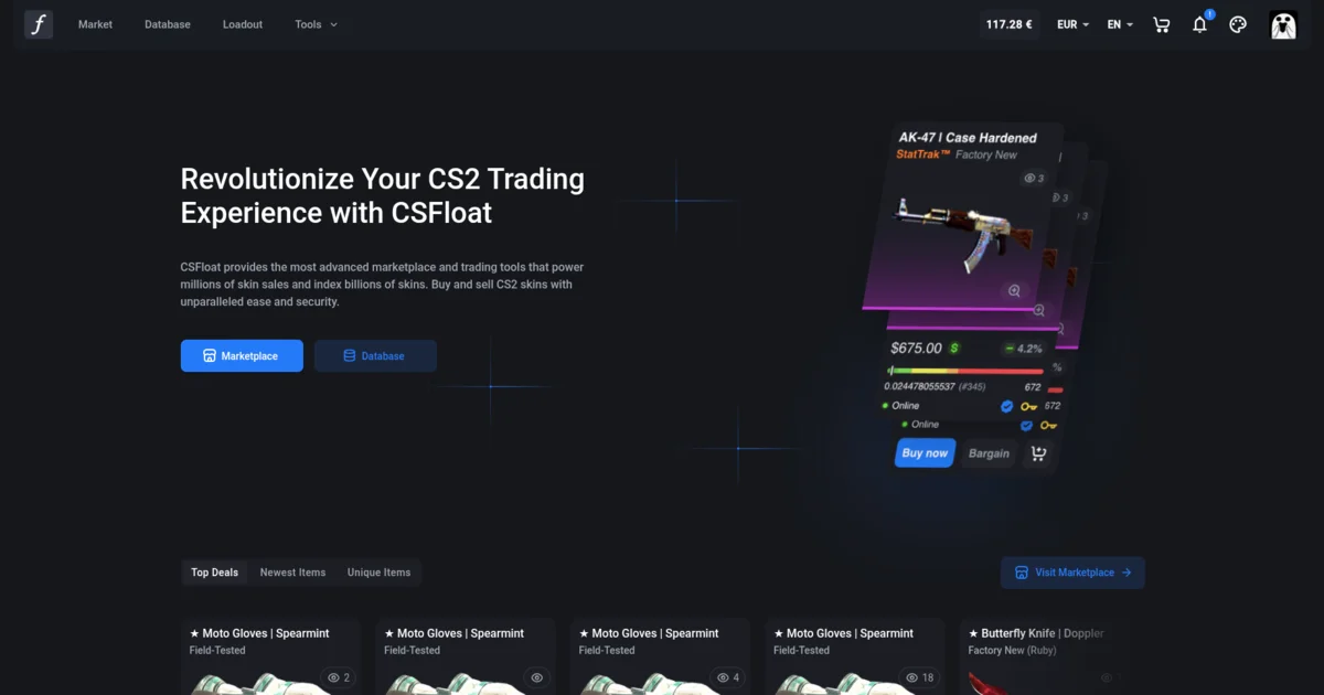 CSFloat homepage featuring the marketplace interface with skin listings and trading tools