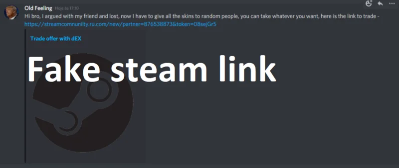Fake Steam URL example showing misspelled domain in Discord message