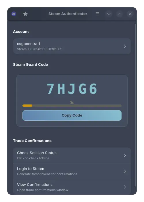 Steam Authenticator Linux - native GTK4 application with modern UI, showing Steam Guard 2FA codes and theme options