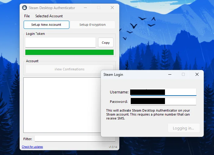 Steam Desktop Authenticator (SDA) for Windows - showing 2FA code generation and multiple account management interface
