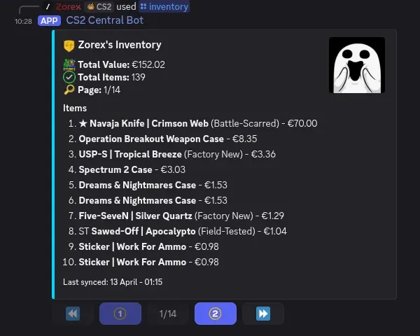 CS2 Central bot inventory view showing 139 items with total value of 152 euros
