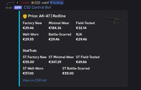 CS2 Central bot price lookup showing AK-47 Redline prices across all wear conditions and StatTrak variants