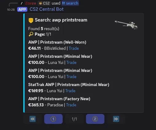 CS2 Central bot search results showing 5 AWP Printstream listings with prices and trade links