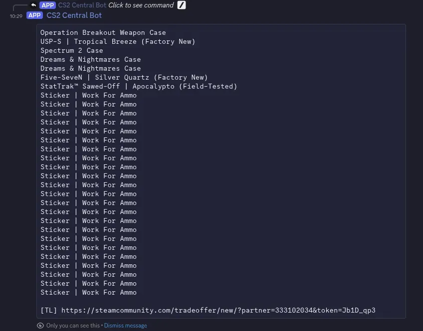 CS2 Central bot tradelist output showing formatted inventory items with Steam trade link