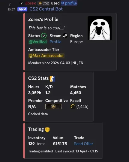 CS2 Central verified trader profile showing Steam stats, inventory value, and trade link