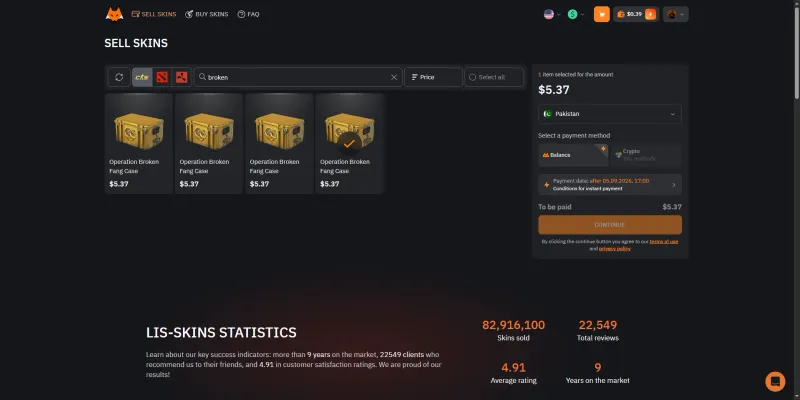LIS-SKINS sell page with an Operation Broken Fang Case selected for a 5.37 dollar payout via balance