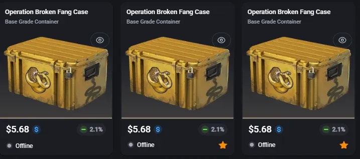 CSFloat listings for the Operation Broken Fang Case at around 5.68 dollars
