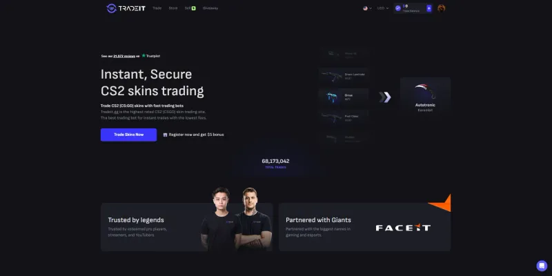 Tradeit.gg homepage showing its Trustpilot score, total trades count, and FACEIT partnership.