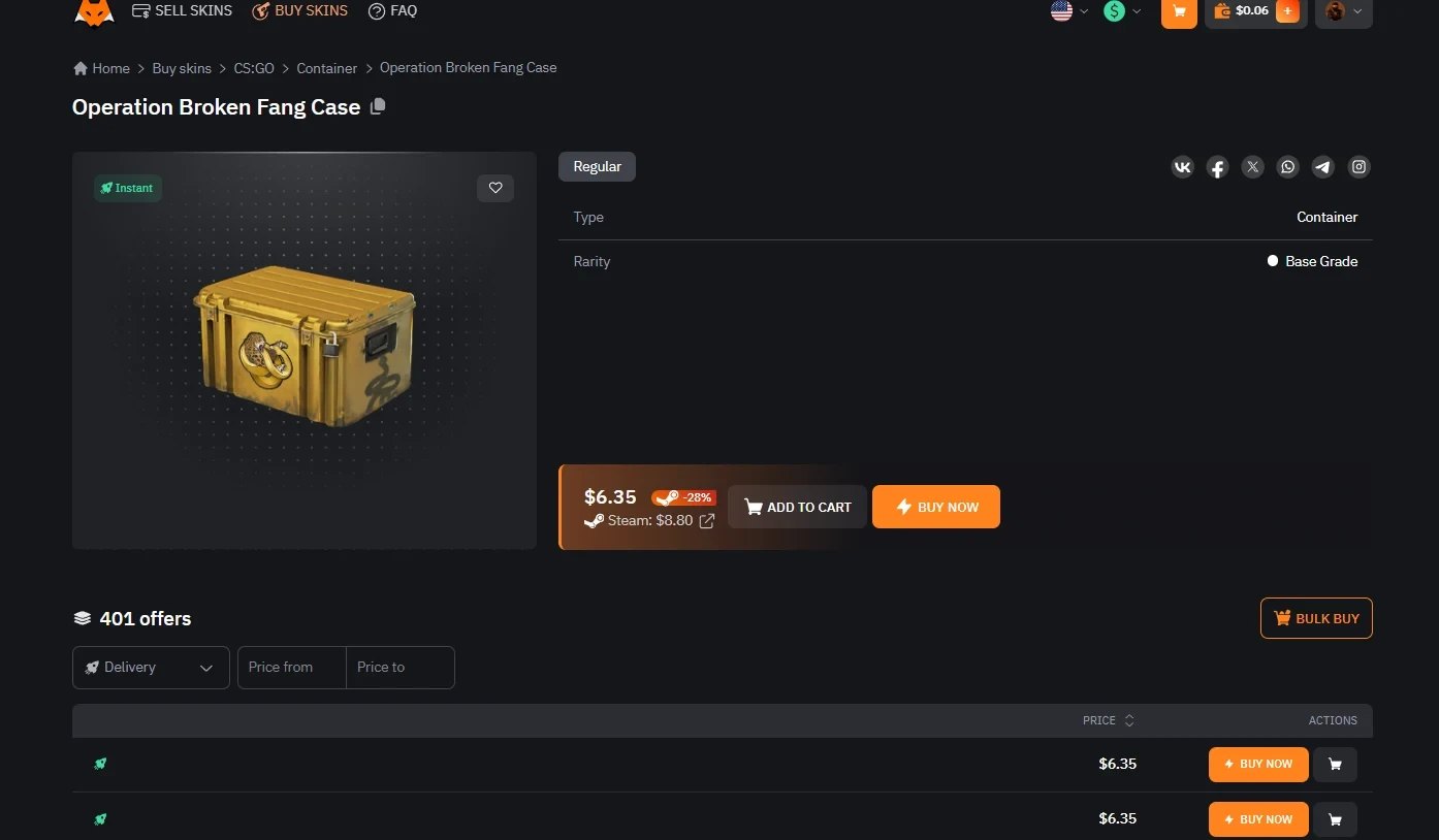 LIS-SKINS product page for the Operation Broken Fang Case at 6.35 dollars, showing a 28 percent discount against the 8.80 dollar Steam price and 401 offers
