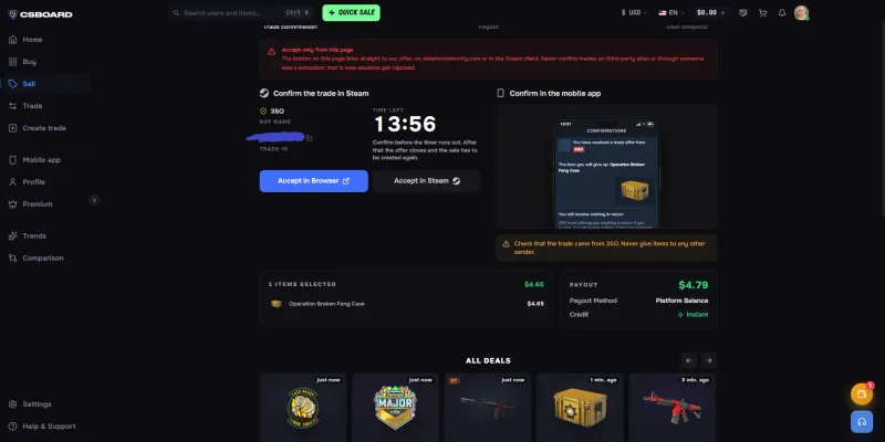CSBoard Quick Sale confirmation for an Operation Broken Fang Case, with the trade sent to a CSBoard bot account, a $4.65 item value and a $4.79 instant payout to platform balance