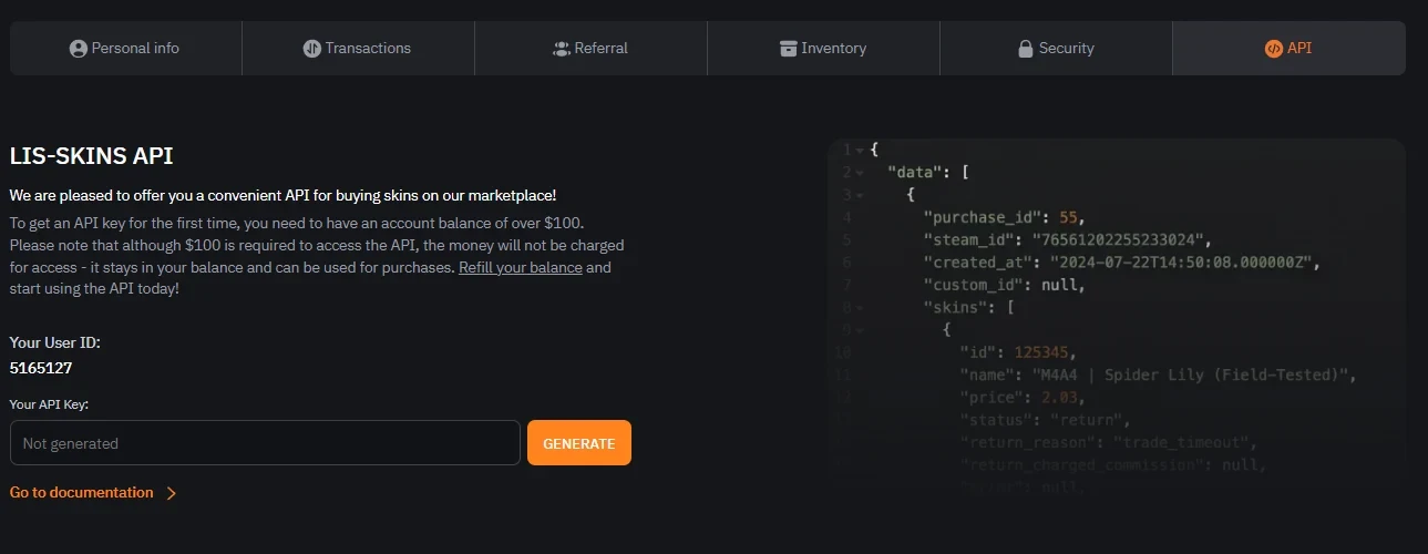 LIS-SKINS API page stating a first-time key requires an account balance over 100 dollars, with a sample JSON response shown