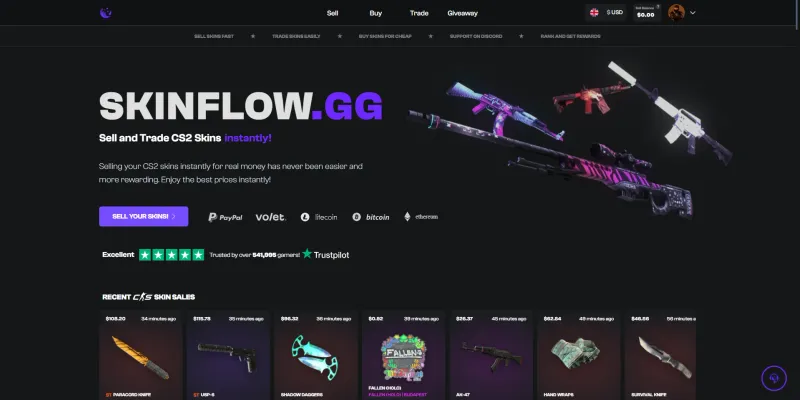 Skinflow.gg homepage showing its Trustpilot rating and a feed of recent CS2 skin sales with prices.