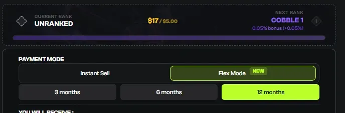 Skinflow payment mode selector with Instant Sell and Flex Mode options and 3, 6 and 12 month payout-delay choices, above a trading rank bar showing a bonus tier