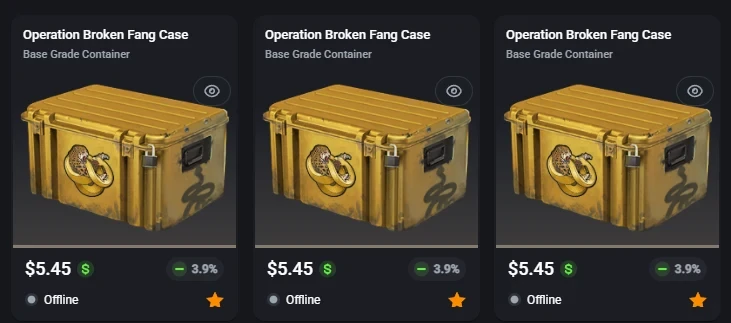 Three identical Operation Broken Fang Case listings at 5.45 dollars each with a 3.9 percent discount, all from offline sellers