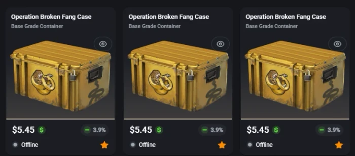 Three identical Operation Broken Fang Case listings at 5.45 dollars each with a 3.9 percent discount, all from offline sellers