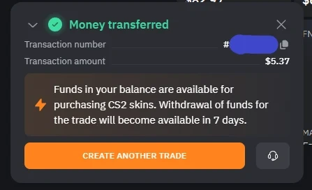 LIS-SKINS confirmation showing money transferred, 5.37 dollar amount, with a note that withdrawal is available in 7 days