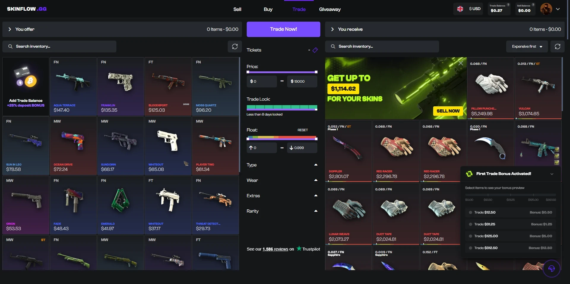 Skinflow trade page with a You offer and You receive panel, price, float and trade-lock filters, a get up to 1,114 dollars for your skins banner, and a First Trade Bonus popup