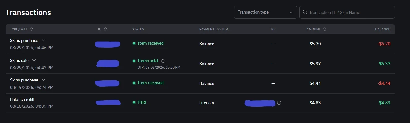 LIS-SKINS transaction history showing a 4.83 dollar Litecoin credit, a 5.37 dollar skin sale with a trade-protection date, and two purchases