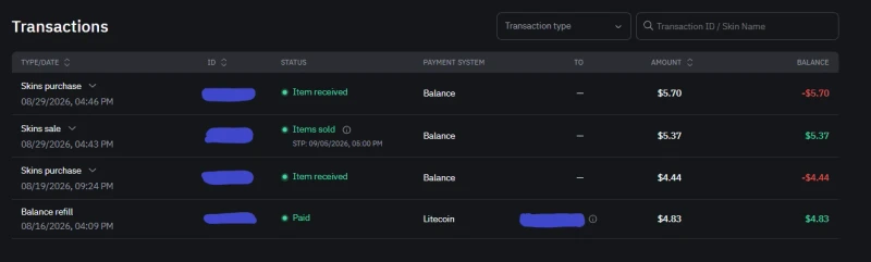 LIS-SKINS transaction history showing a 4.83 dollar Litecoin credit, a 5.37 dollar skin sale with a trade-protection date, and two purchases