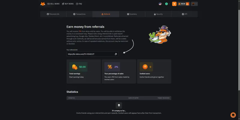 LIS-SKINS homepage showing the main navigation and the Buy and Sell interface with a Steam login prompt