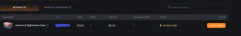 LIS-SKINS inventory showing a Dreams and Nightmares Case at 1.14 dollars marked ready to accept into Steam