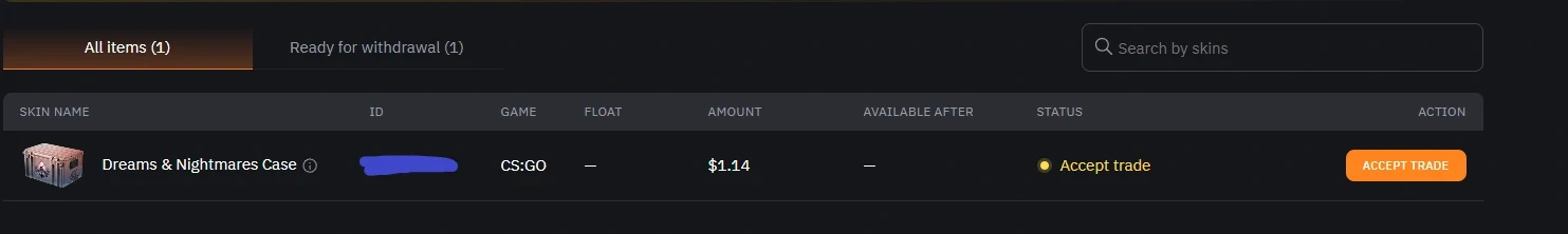 LIS-SKINS inventory showing a Dreams and Nightmares Case at 1.14 dollars marked ready to accept into Steam