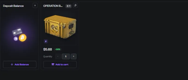 Skinflow deposit balance panel next to a case listed at $5.68 with a 38% discount.