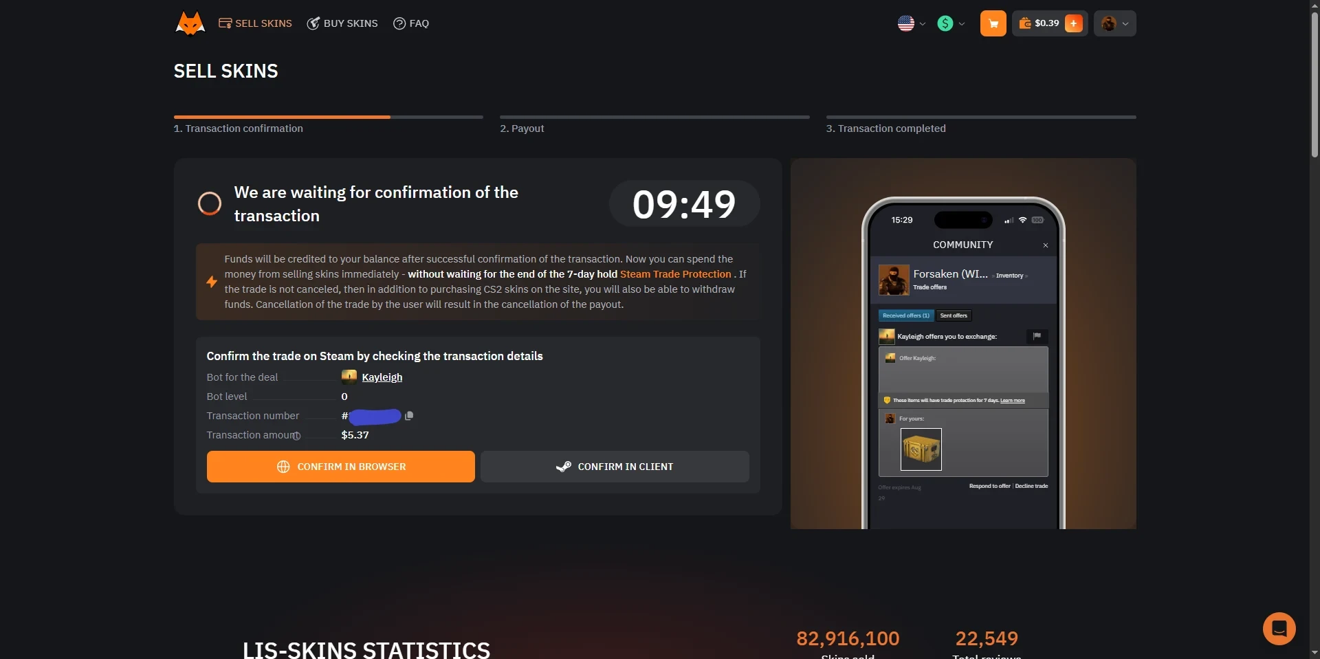 LIS-SKINS sell confirmation with a countdown, bot name Kayleigh, a 5.37 dollar amount and a Steam mobile trade offer