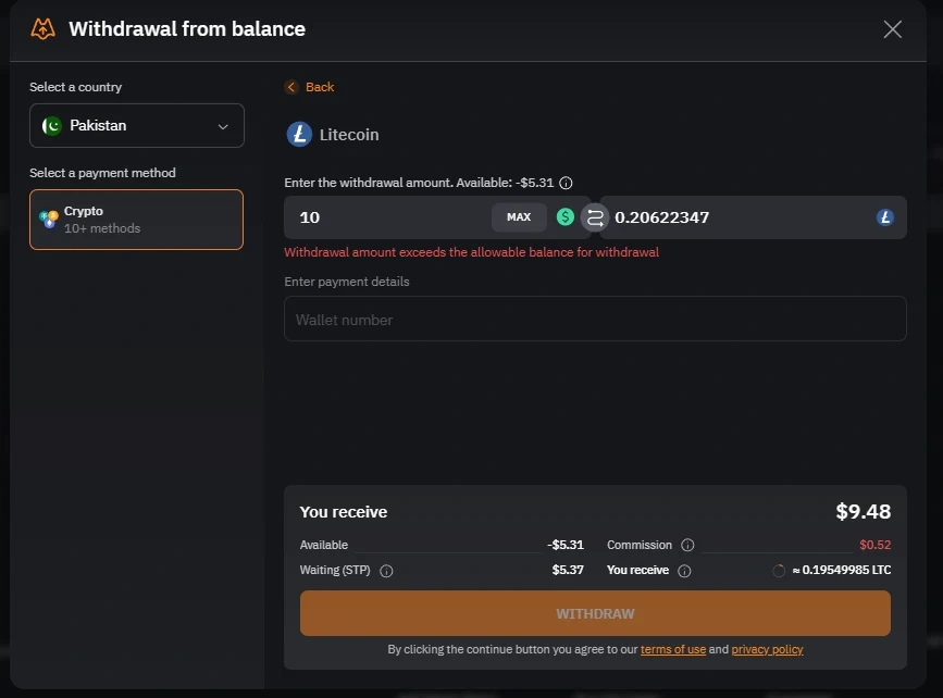 LIS-SKINS Litecoin withdrawal screen showing a 0.52 dollar commission, the 5.37 dollar balance still waiting on Steam trade protection