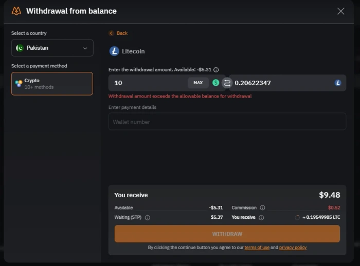 LIS-SKINS Litecoin withdrawal screen showing a 0.52 dollar commission, the 5.37 dollar balance still waiting on Steam trade protection