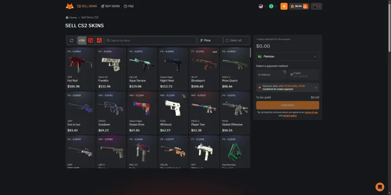 LIS-SKINS Sell CS2 Skins screen showing an inventory grid with float values and per-item quotes, a Pakistan region and crypto payout options