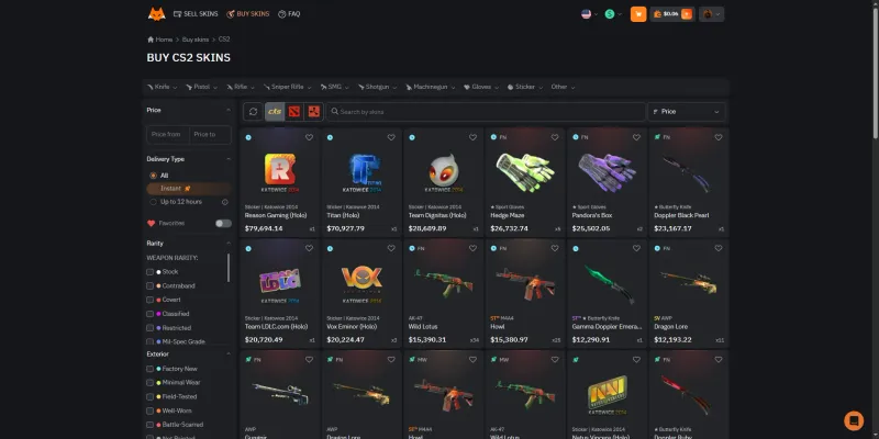 LIS-SKINS Buy CS2 Skins catalogue showing knives, gloves, Katowice 2014 stickers, and instant and up to 12 hours delivery filters