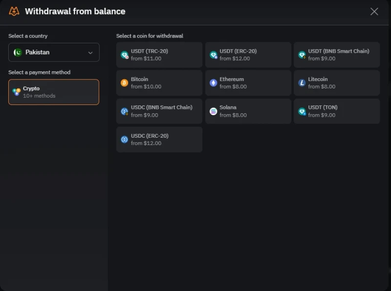 LIS-SKINS withdrawal menu listing crypto options including Bitcoin, Ethereum, USDT and Litecoin with minimum amounts per coin