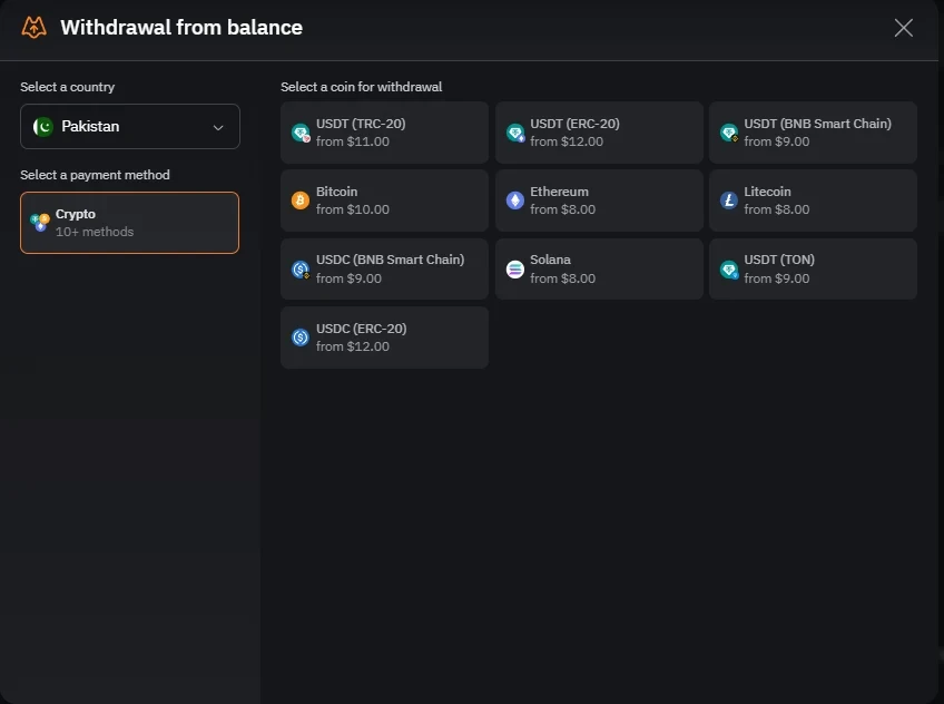 LIS-SKINS withdrawal menu listing crypto options including Bitcoin, Ethereum, USDT and Litecoin with minimum amounts per coin