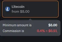 Litecoin option showing an 8 dollar minimum and a 0.4% plus 0.51 dollar commission fee