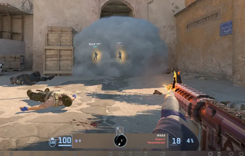 CS2 screenshot of a cheater aiming precisely at an enemy player standing behind smoke