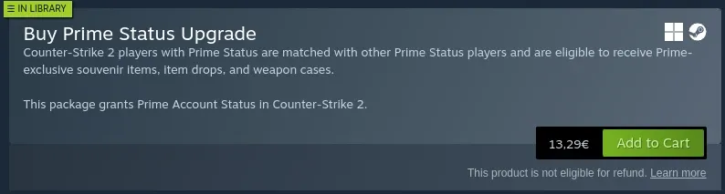CS2 Buy Prime Status Upgrade page on Steam showing the price and Add to Cart button