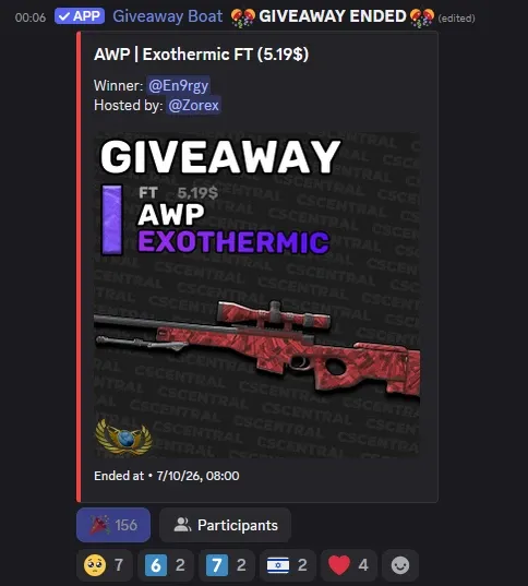 CS2 Central Discord giveaway for an AWP Exothermic skin hosted through Giveaway Boat with 156 participants